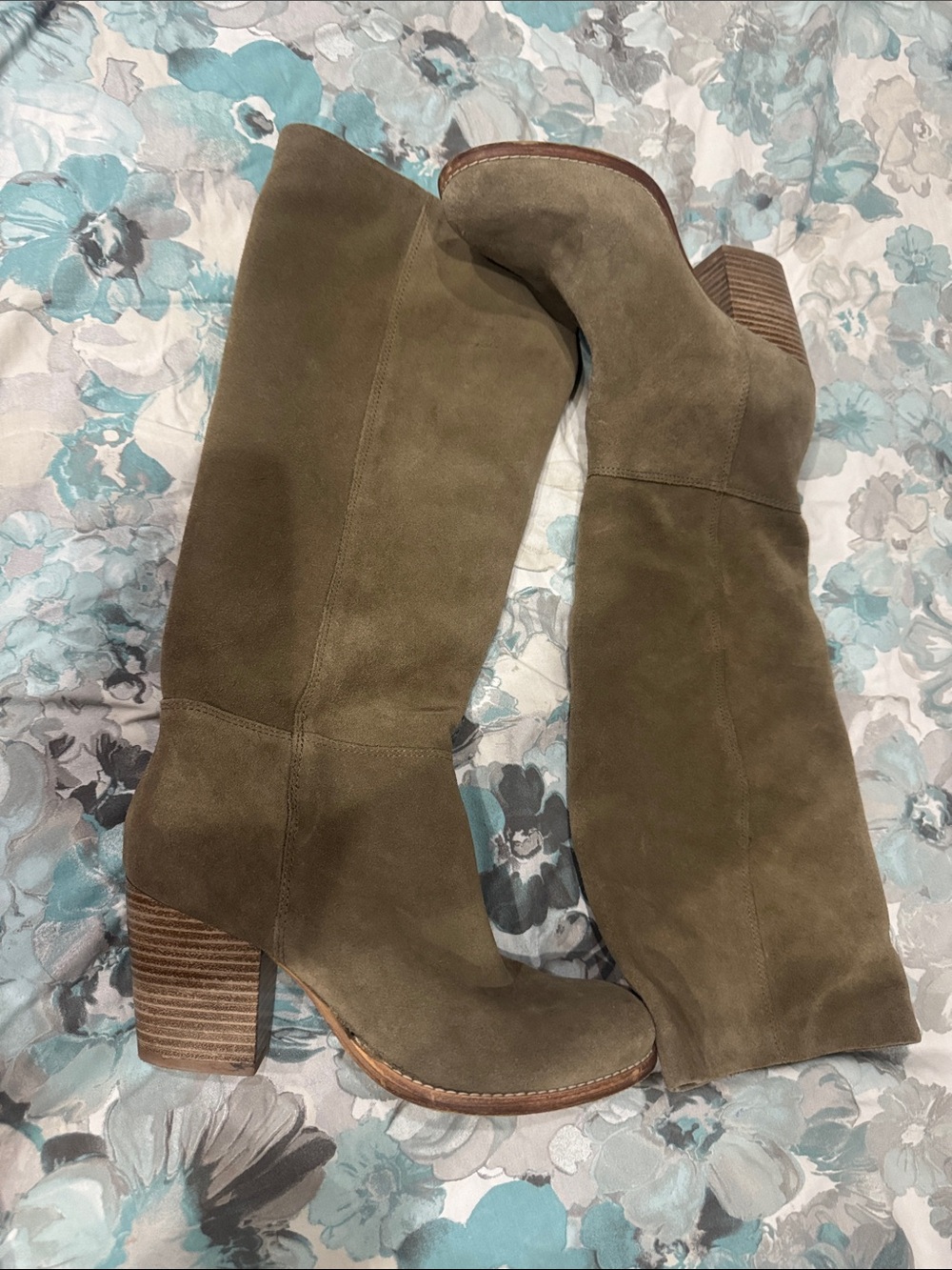 Crevo Taupe/Olive Suede Knee-High Block Heel Boots